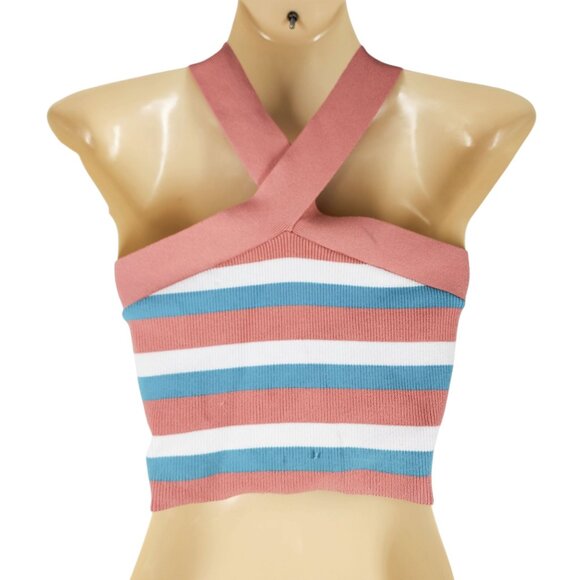 Babaton Halter Top Womens Stripe Pink Blue White Nylon Elastane S - Picture 2 of 6